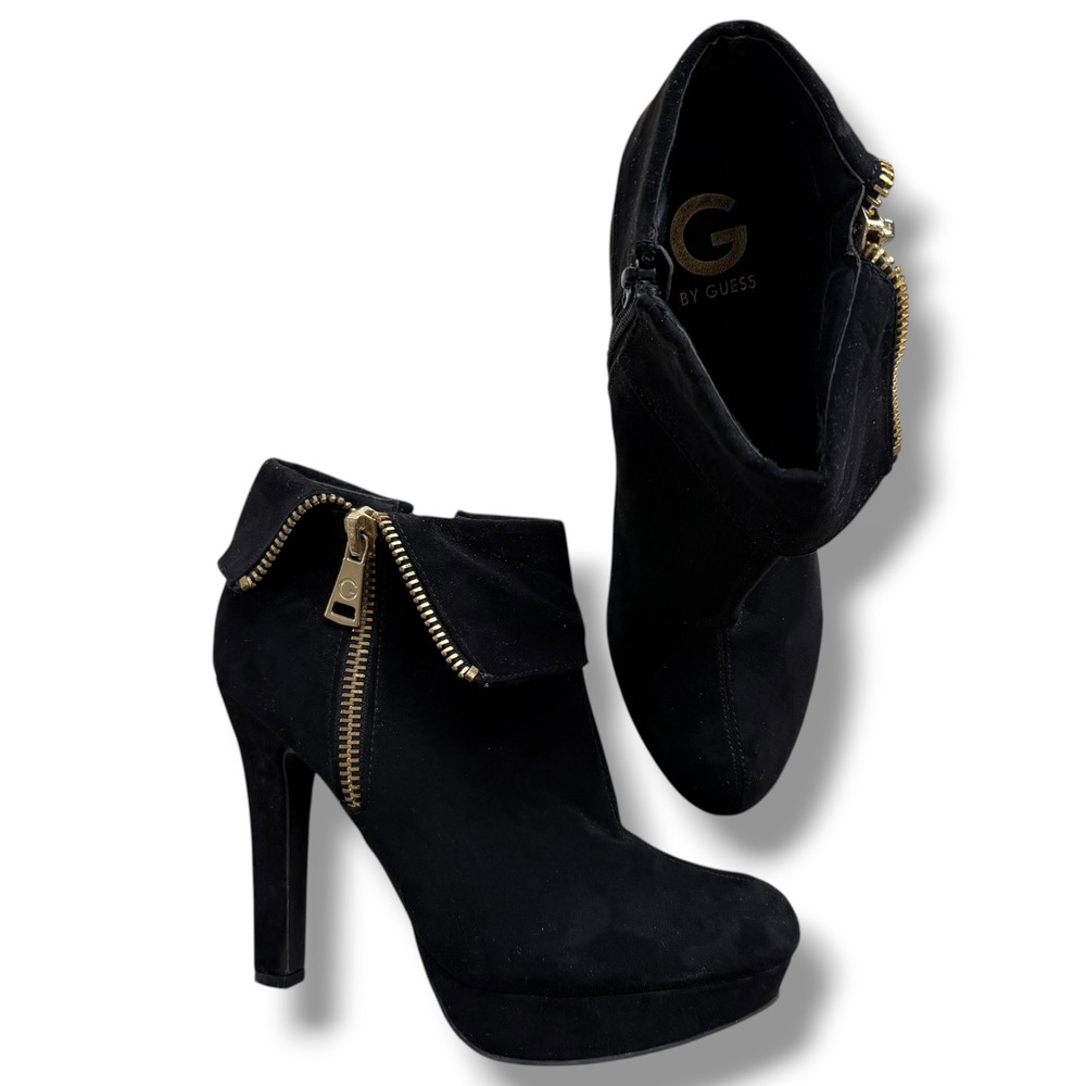 G by GUESS Womens 8.5M Black Faux Suede Platform Stiletto Ankle Booties Gold Zip